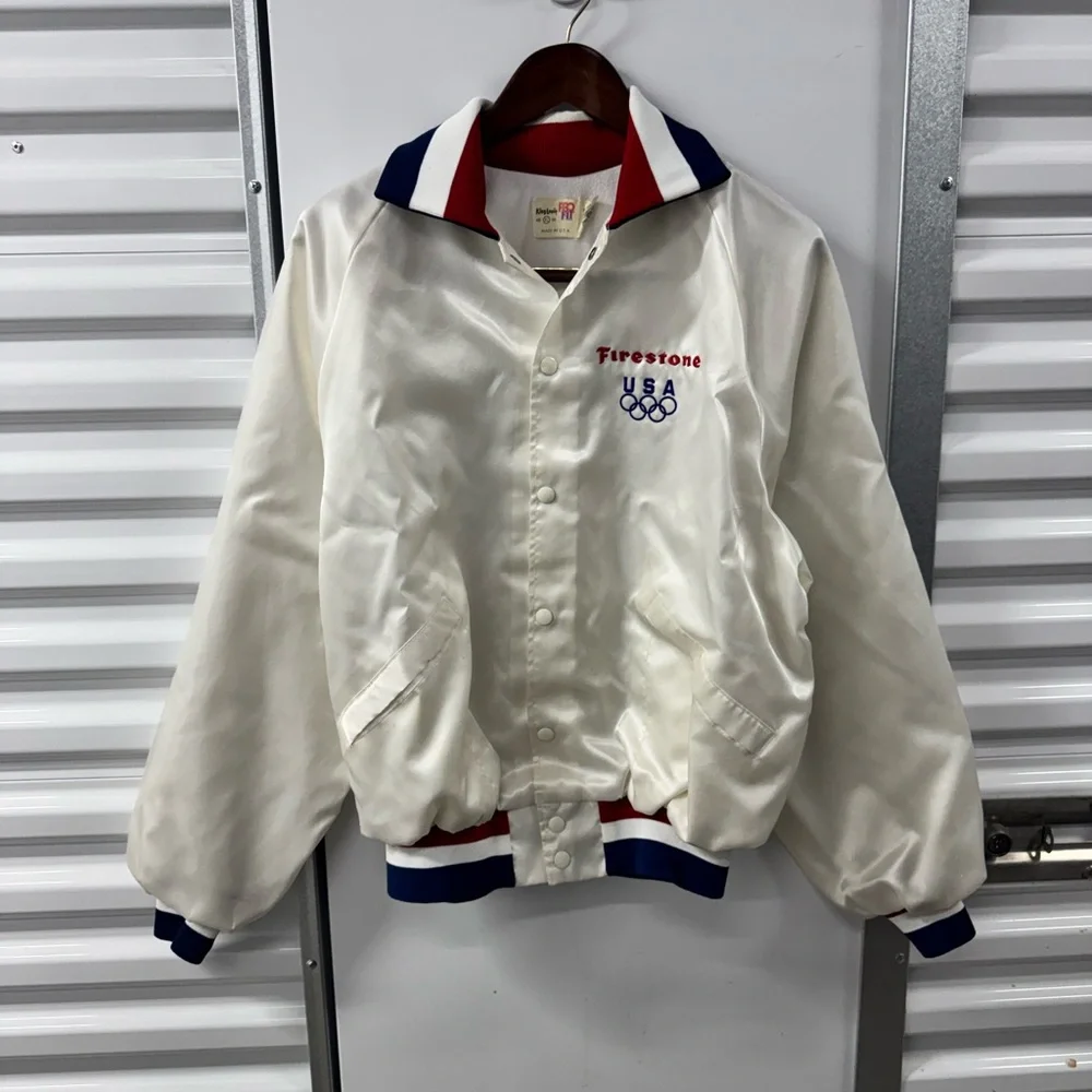 Vintage King Louie USA Team Olympics Firestone Bomber Jacket White Mens XL 80s‎